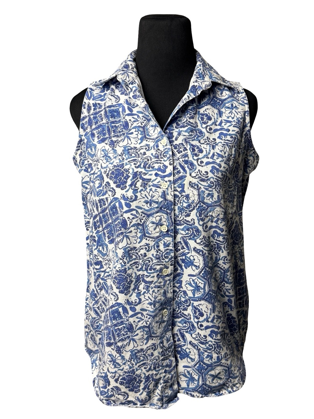 VTG Button Up Tank CM Co Shirt Top Womens SZ S Blue White Wrinkle Resist Collar